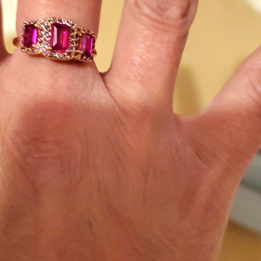 Ruby and Amethyst 3 stone framed ring